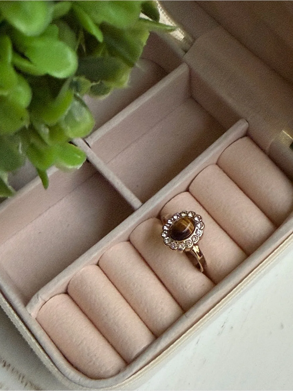 Gold-Tone Tiger's Eye Halo Ring with Clear Stones - Women's Jewelry